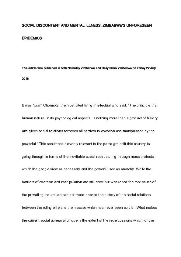 (PDF) SOCIAL DISCONTENT AND MENTAL ILLNESS David Mukwekwezeke