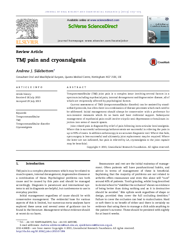 (PDF) TMJ pain and cryoanalgesia | Andrew Sidebottom - Academia.edu