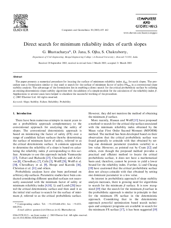 (PDF) Direct search for minimum reliability index of earth slopes