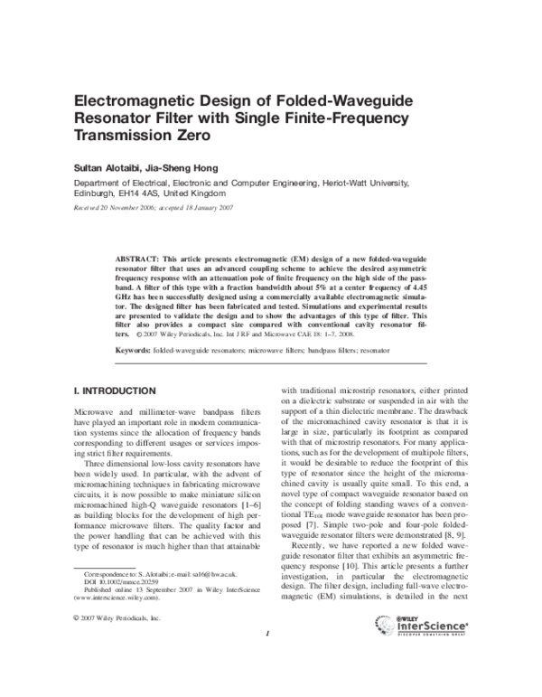 (PDF) design of foldedwaveguide resonator filter with single finitefrequency
