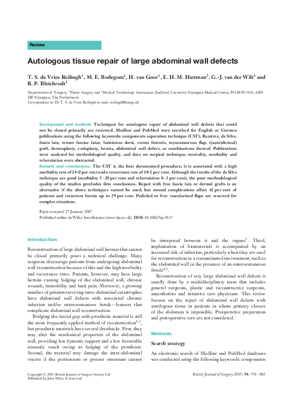 (PDF) Autologous tissue repair of large abdominal wall defects