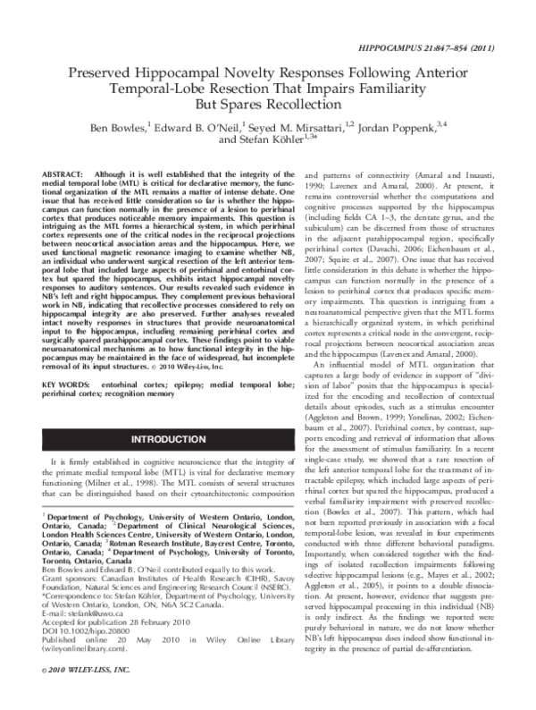(PDF) Preserved hippocampal novelty responses following anterior ...