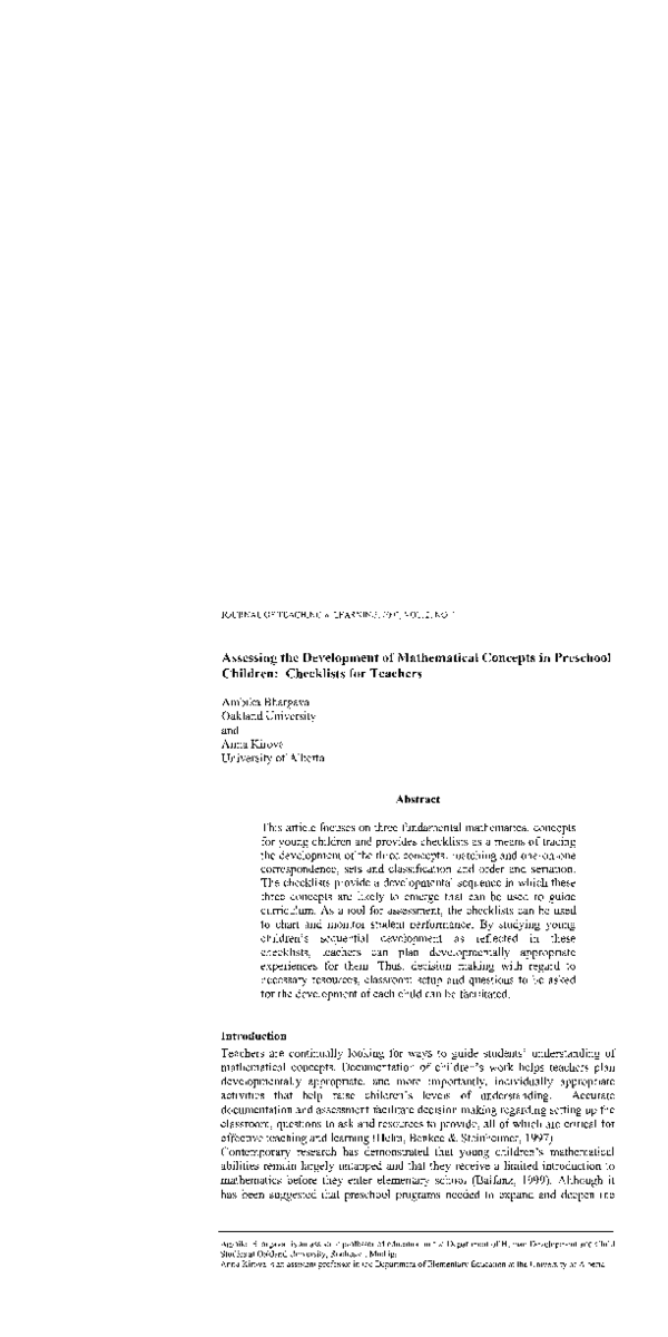 (PDF) Assessing the Development of Mathematical Concepts in Preschool ...