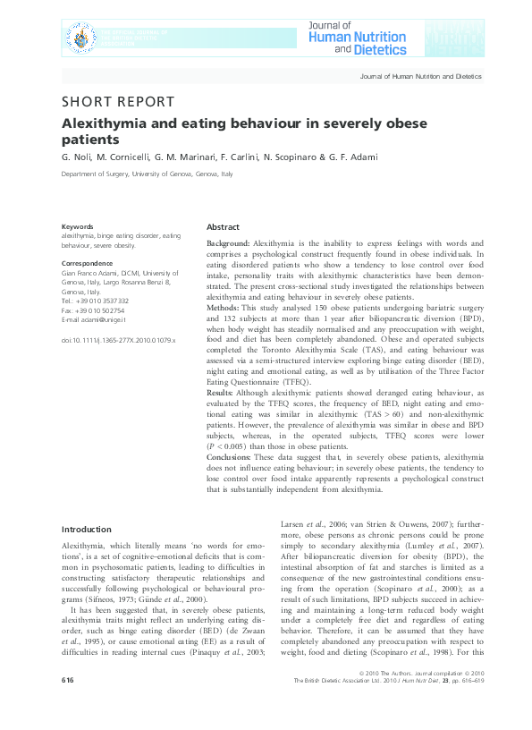 (PDF) Alexithymia and eating behaviour in severely obese patients