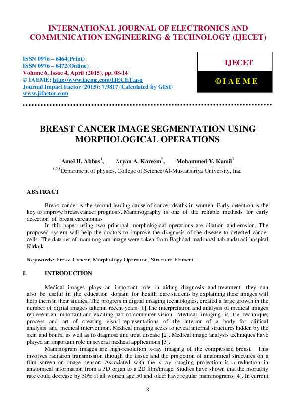 (PDF) BREAST CANCER IMAGE SEGMENTATION USING MORPHOLOGICAL OPERATIONS