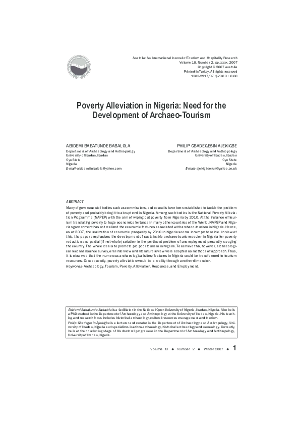 Poverty Alleviation in Nigeria: Need for the Development of Archaeo-Tourism