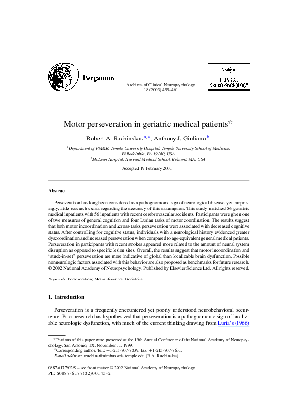 (PDF) Motor perseveration in geriatric medical patients Robert