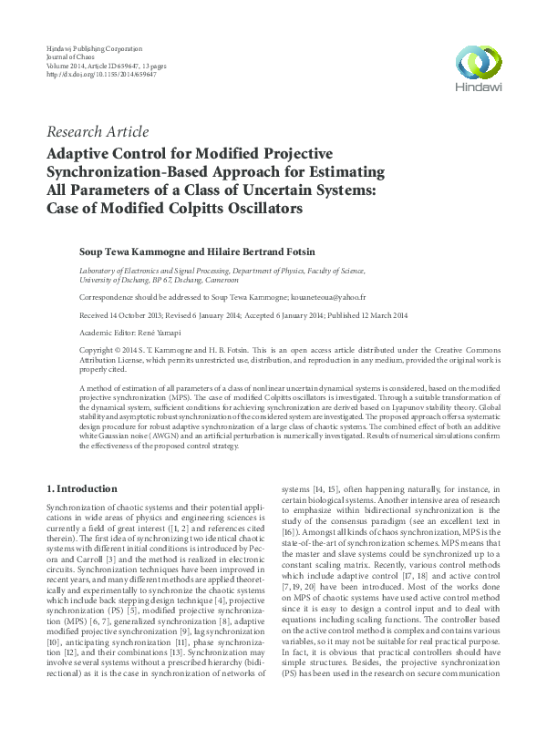 (PDF) Adaptive Control for Modified Projective Synchronization-Based ...