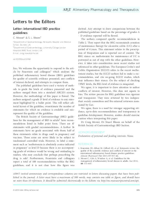 (PDF) Letter: international IBD practice guidelines