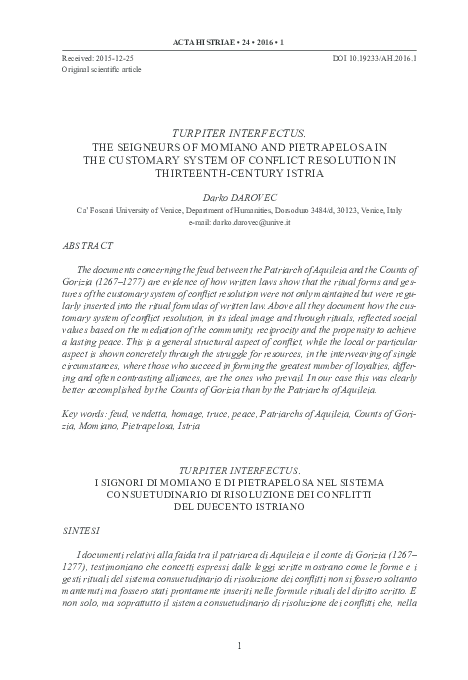 TURPITER INTERFECTUS. THE SEIGNEURS OF MOMIANO AND PIETRAPELOSA IN THE CUSTOMARY SYSTEM OF CONFLICT RESOLUTION IN THIRTEENTH-CENTURY ISTRIA