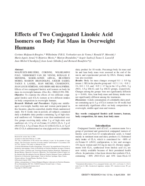 (PDF) Effects of Two Conjugated Linoleic Acid Isomers on Body Fat Mass
