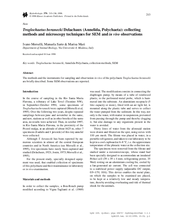 Pdf Troglochaetus Beranecki Delachaux Annelida Polychaeta Collecting Methods And Microscopy Techniques For Sem And In Vivo Observations Marisa Mari Academia Edu