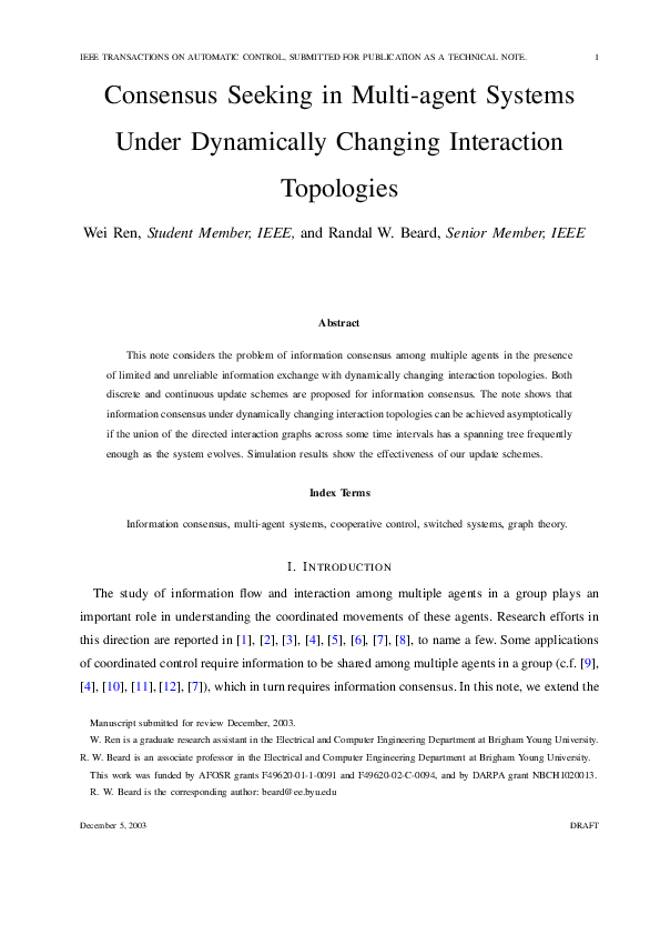 (PDF) Consensus seeking in multiagent systems under dynamically ...