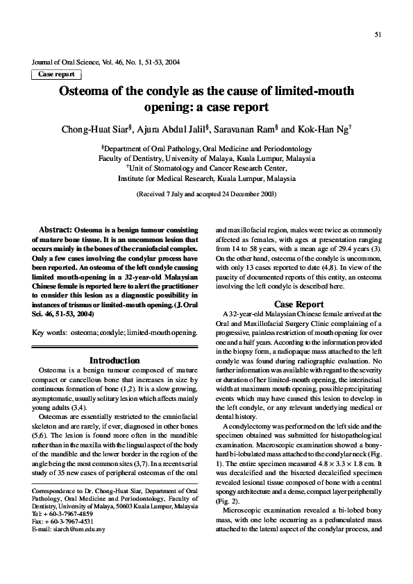 (PDF) Osteoma of the condyle as the cause of limited-mouth opening: a ...