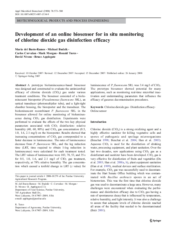 (PDF) Development of an online biosensor for in situ monitoring of chlorine dioxide gas
