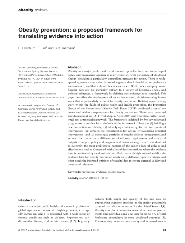 (PDF) Obesity prevention: a proposed framework for translating evidence ...