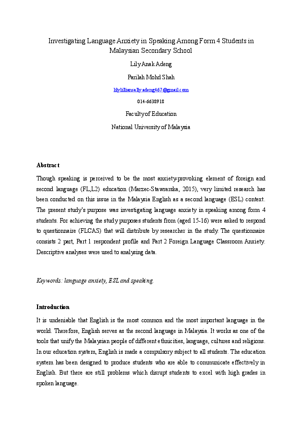 (DOC) Investigating Language Anxiety in Speaking Among Form 4 Students ...