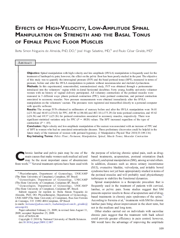 (PDF) Effects of HighVelocity, LowAmplitude Spinal Manipulation on