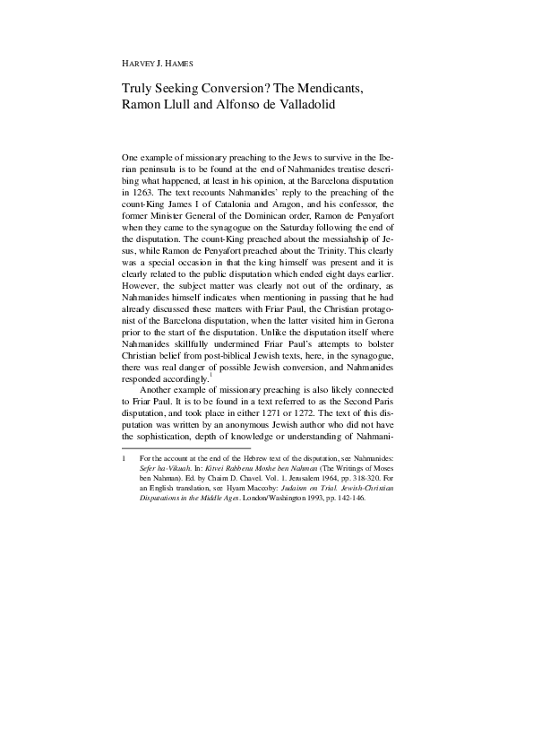 ‘Truly Seeking Conversion?: The Mendicants, Ramon Llull and Alfonso de Valladolid’
