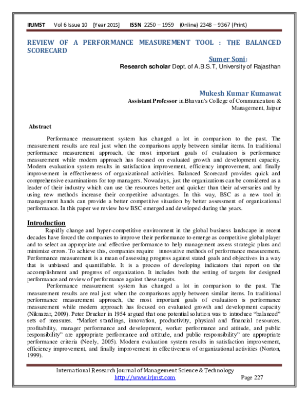 (PDF) REVIEW OF A PERFORMANCE MEASUREMENT TOOL : THE BALANCED SCORECARD ...