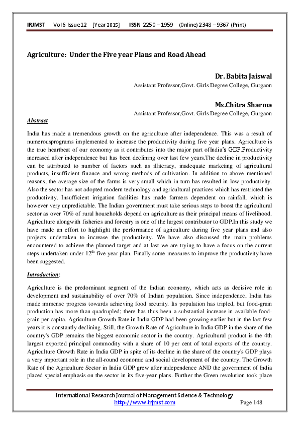 Pdf Agriculture Under The Five Year Plans And Road Ahead Interal Res Journa Managt Sci Tech Academia Edu