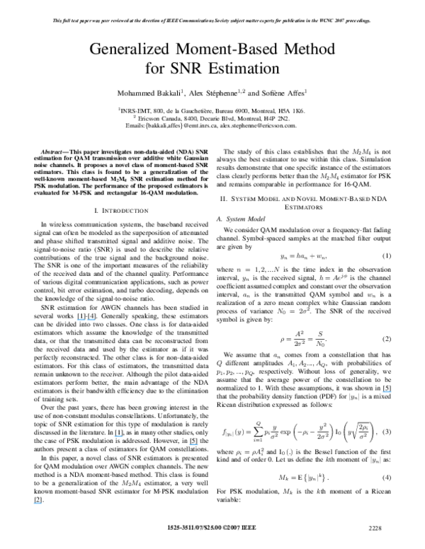 (PDF) Generalized Moment-Based Method for SNR Estimation
