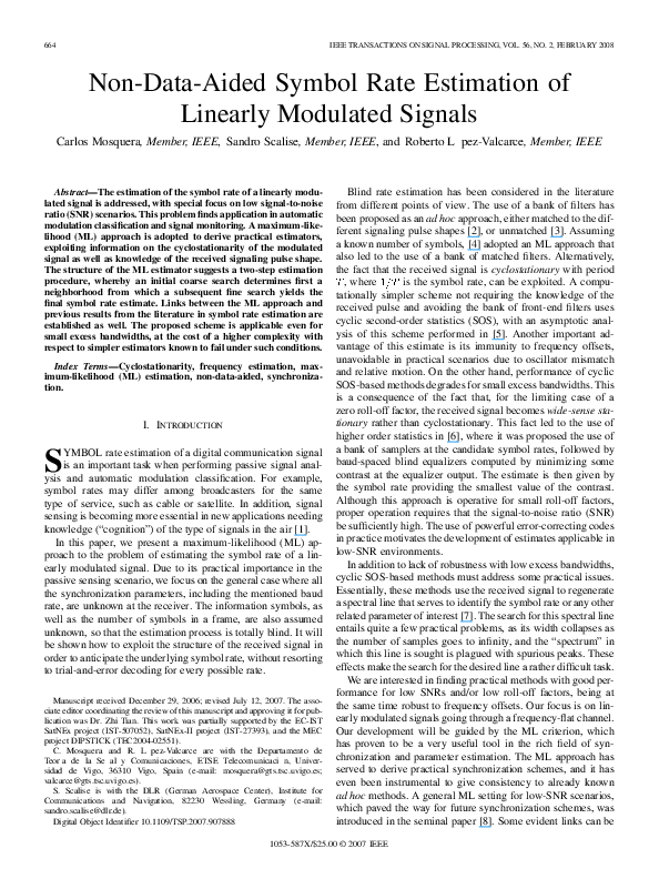 (PDF) Non-Data-Aided Symbol Rate Estimation of Linearly Modulated Signals