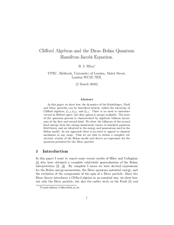 (PDF) Clifford Algebras and the Dirac-Bohm Quantum Hamilton-Jacobi Equation