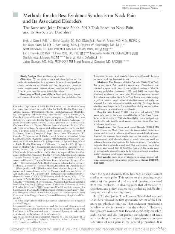 (PDF) Methods for the Best Evidence Synthesis on Neck Pain and Its ...