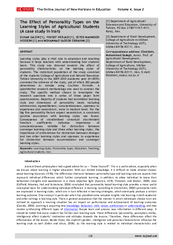 (PDF) The Effect of Personality Types on the Learning Styles of ...