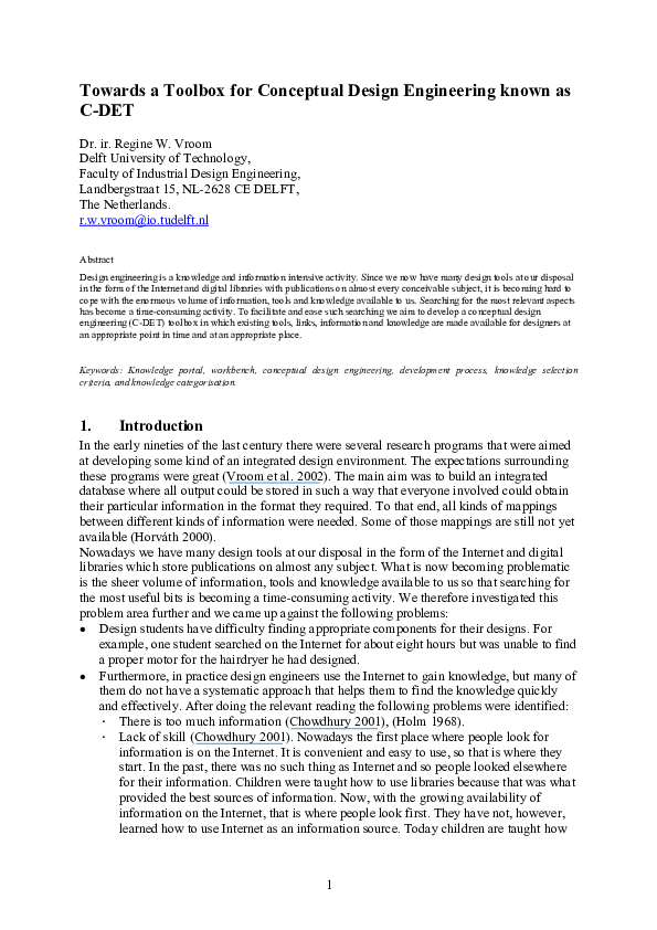 (PDF) Towards a Toolbox for Conceptual Design Engineering known as C-DET
