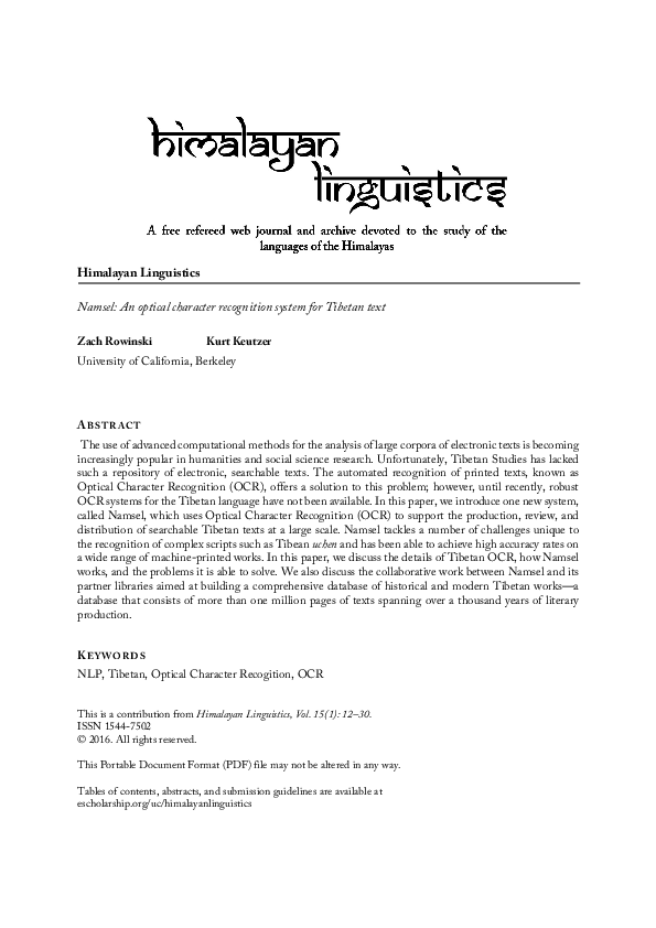 Namsel: An optical character recognition system for Tibetan text