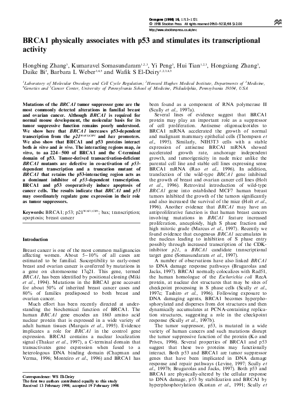 (PDF) BRCA1 physically associates with p53 and stimulates its ...