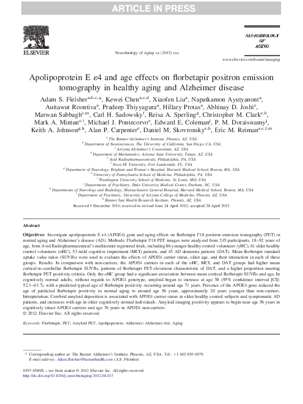 Pdf Apolipoprotein E E4 And Age Effects On Florbetapir Positron