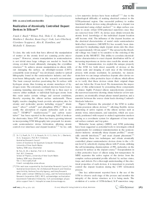 (PDF) Realization of Atomically Controlled Dopant Devices in Silicon
