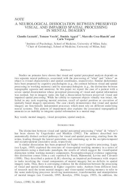 (PDF) A Neurological Dissociation Between Preserved Visual and Impaired ...