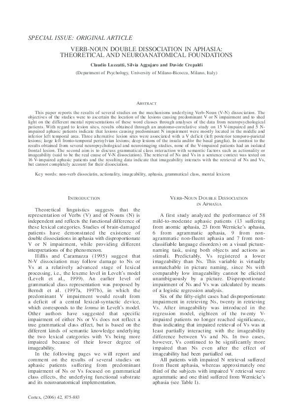 (PDF) Verb-Noun Double Dissociation in Aphasia: Theoretical and ...