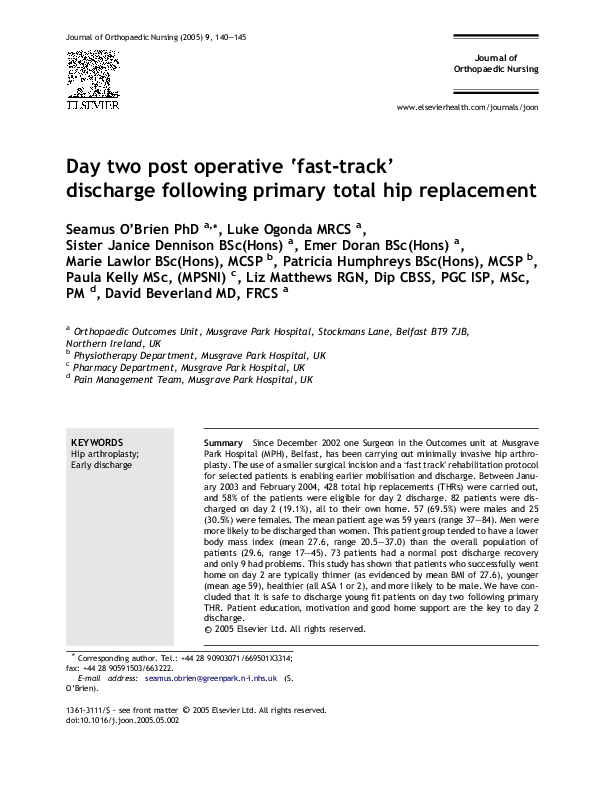 (PDF) Day two post operative ‘fasttrack’ discharge following primary