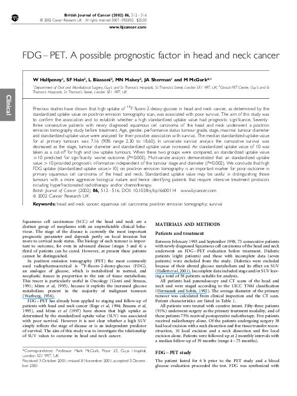 (PDF) FDG-PET. A possible prognostic factor in head and neck cancer | W ...