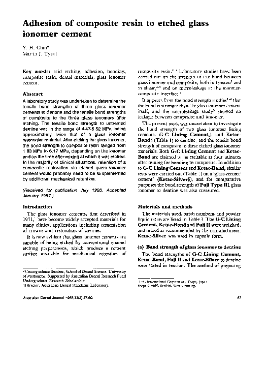 (PDF) Adhesion of composite resin to etched glass ionomer cement