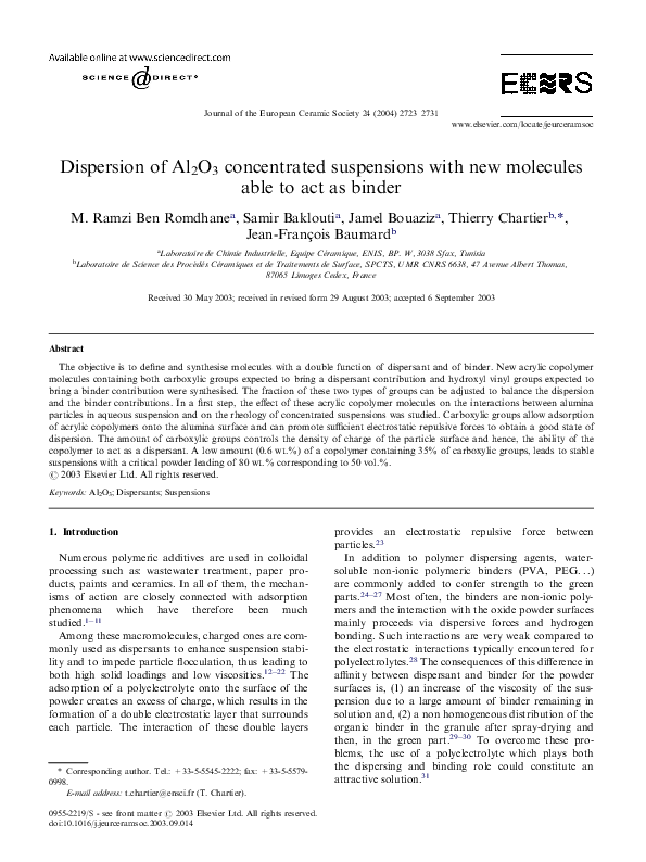 (PDF) Dispersion of Al 2O 3 concentrated suspensions with new molecules ...
