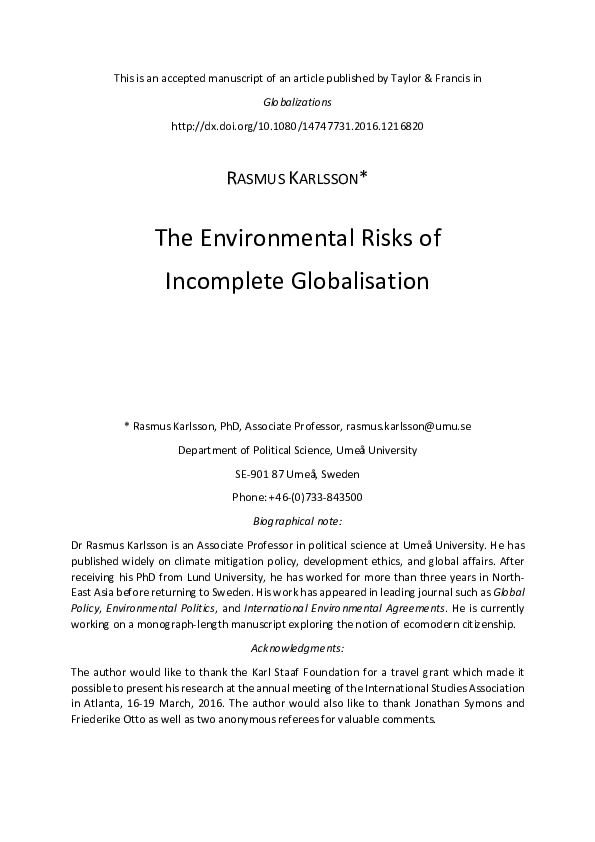 The Environmental Risks of Incomplete Globalisation