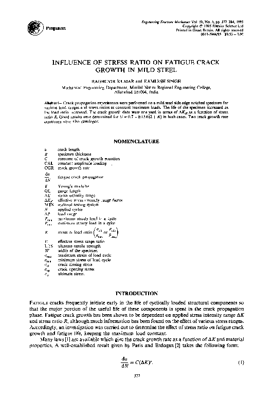 (PDF) Influence of stress ratio on fatigue crack growth in mild steel