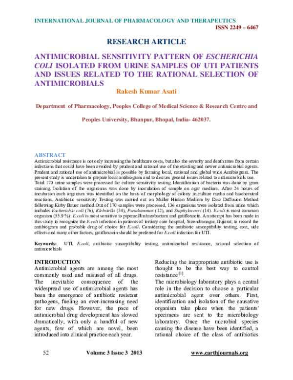 (PDF) ANTIMICROBIAL SENSITIVITY PATTERN OF ESCHERICHIA COLI ISOLATED ...