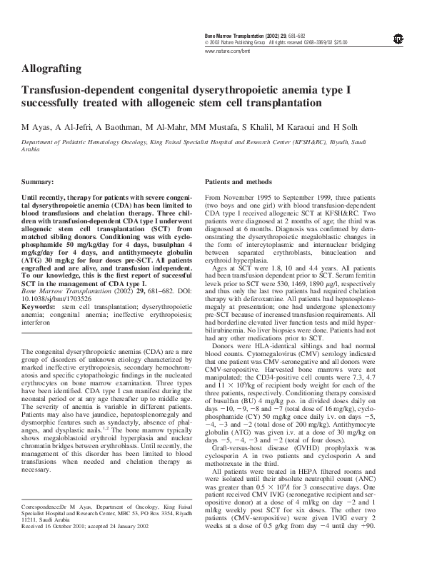 (PDF) Transfusiondependent congenital dyserythropoietic anemia type I successfully treated with