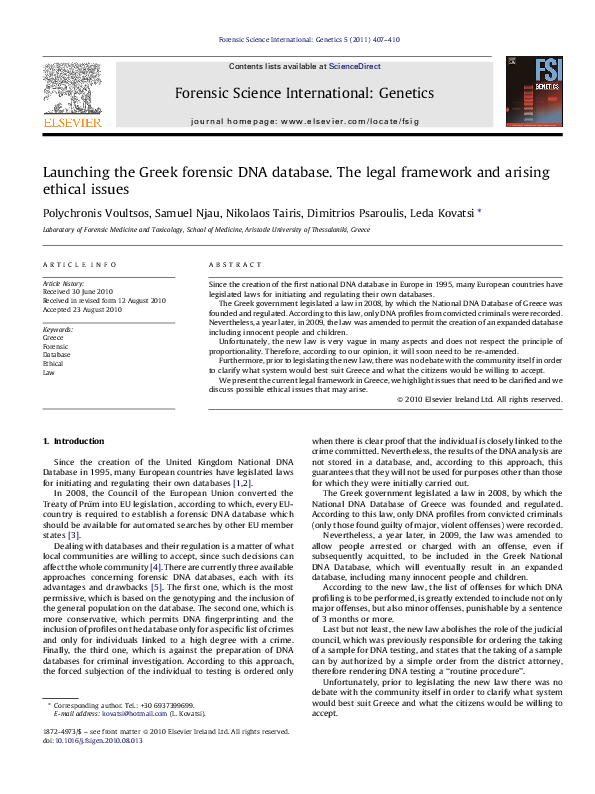 (PDF) Launching the Greek forensic DNA database. The legal framework ...