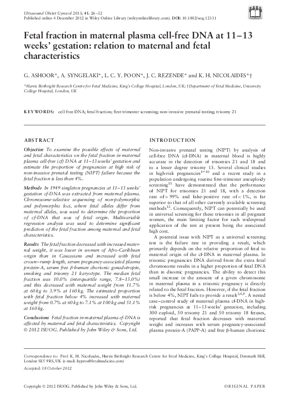 (PDF) Fetal fraction in maternal plasma cell-free DNA at 11-13 weeks ...