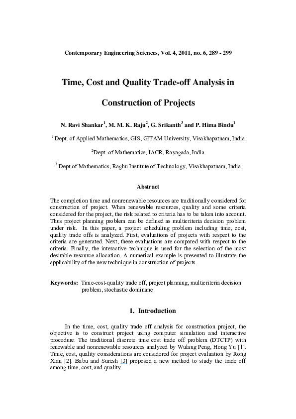 (PDF) Time, Cost and Quality Tradeoff Analysis in Construction of