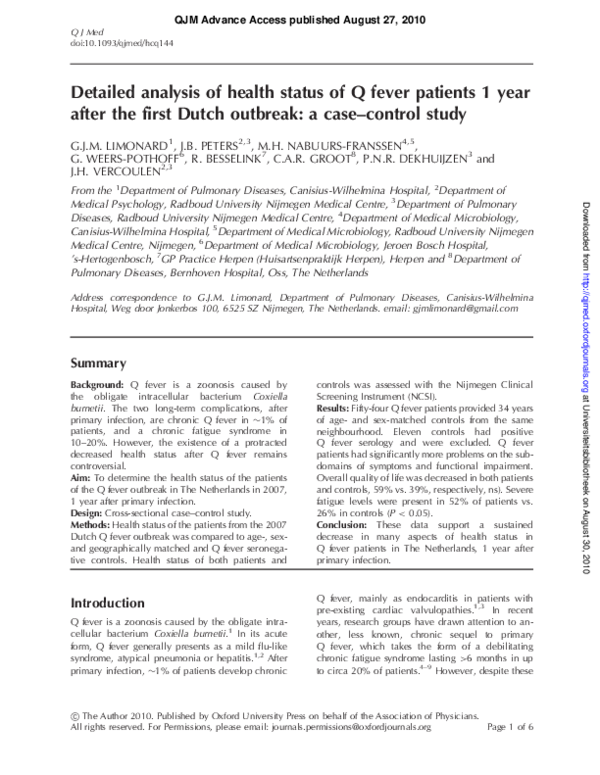 (PDF) Detailed analysis of health status of Q fever patients 1 year