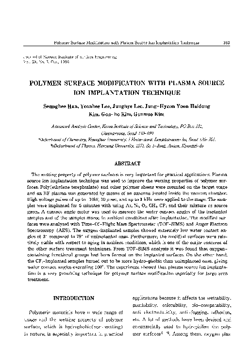(PDF) Polymer surface modification by plasma source ion implantation